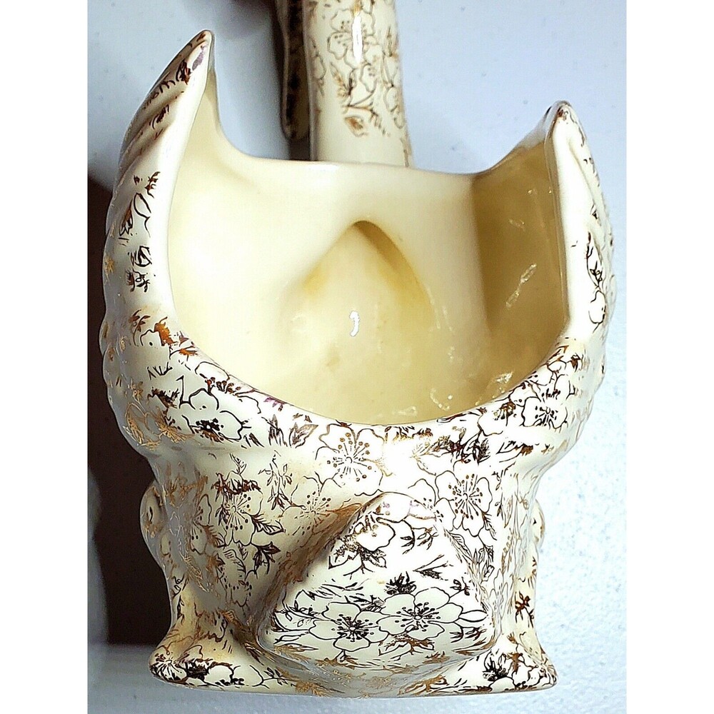 VTG Pioneer Pottery Co Swan Planter Warranted 22K Gold Floral Sponge Holder USA